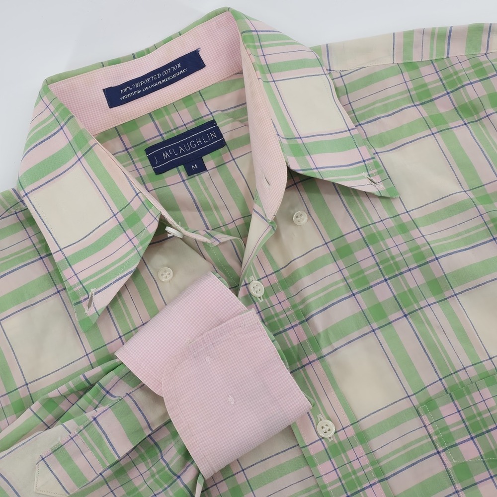 J McLaughlin Mens Shirt Medium Pink Green Plaid Long Sleeve Flip Cuff